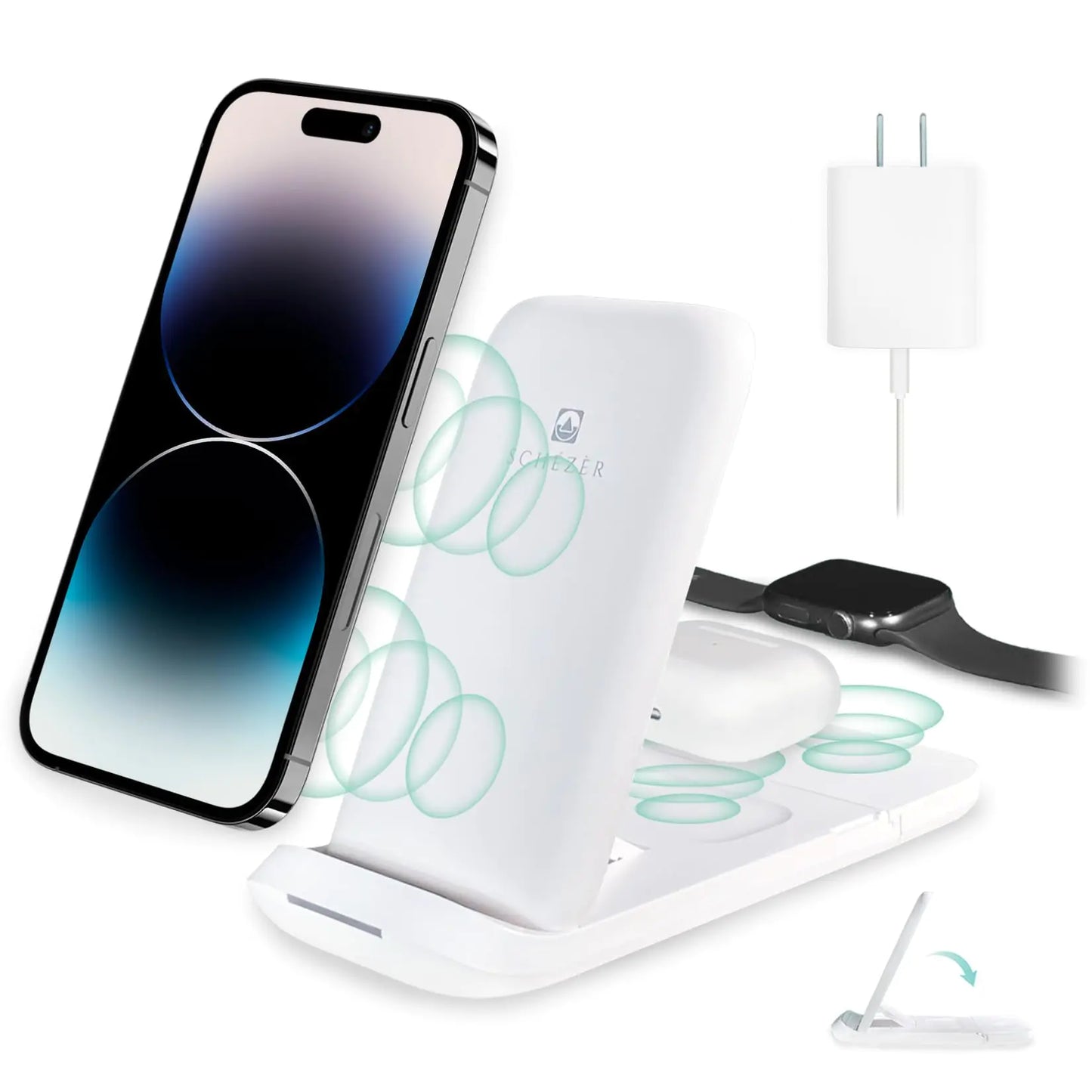 Schézèr Wireless Charging Station 3 in 1 Foldable Fast Charging Stand Dock for Multiple Devices iPhone 15/14/13/12/11 AirPods and Apple Watch Charger 25 Watt PD Charger Included (White)