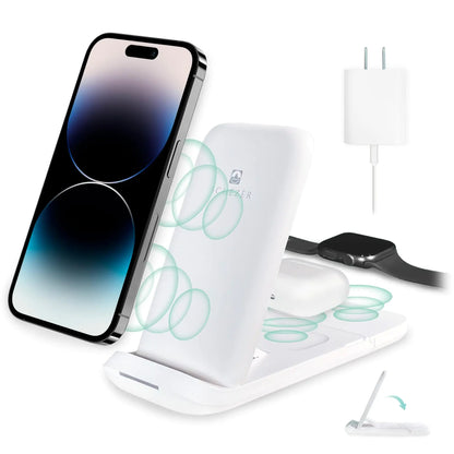 Schézèr Wireless Charging Station 3 in 1 Foldable Fast Charging Stand Dock for Multiple Devices iPhone 15/14/13/12/11 AirPods and Apple Watch Charger 25 Watt PD Charger Included (White)